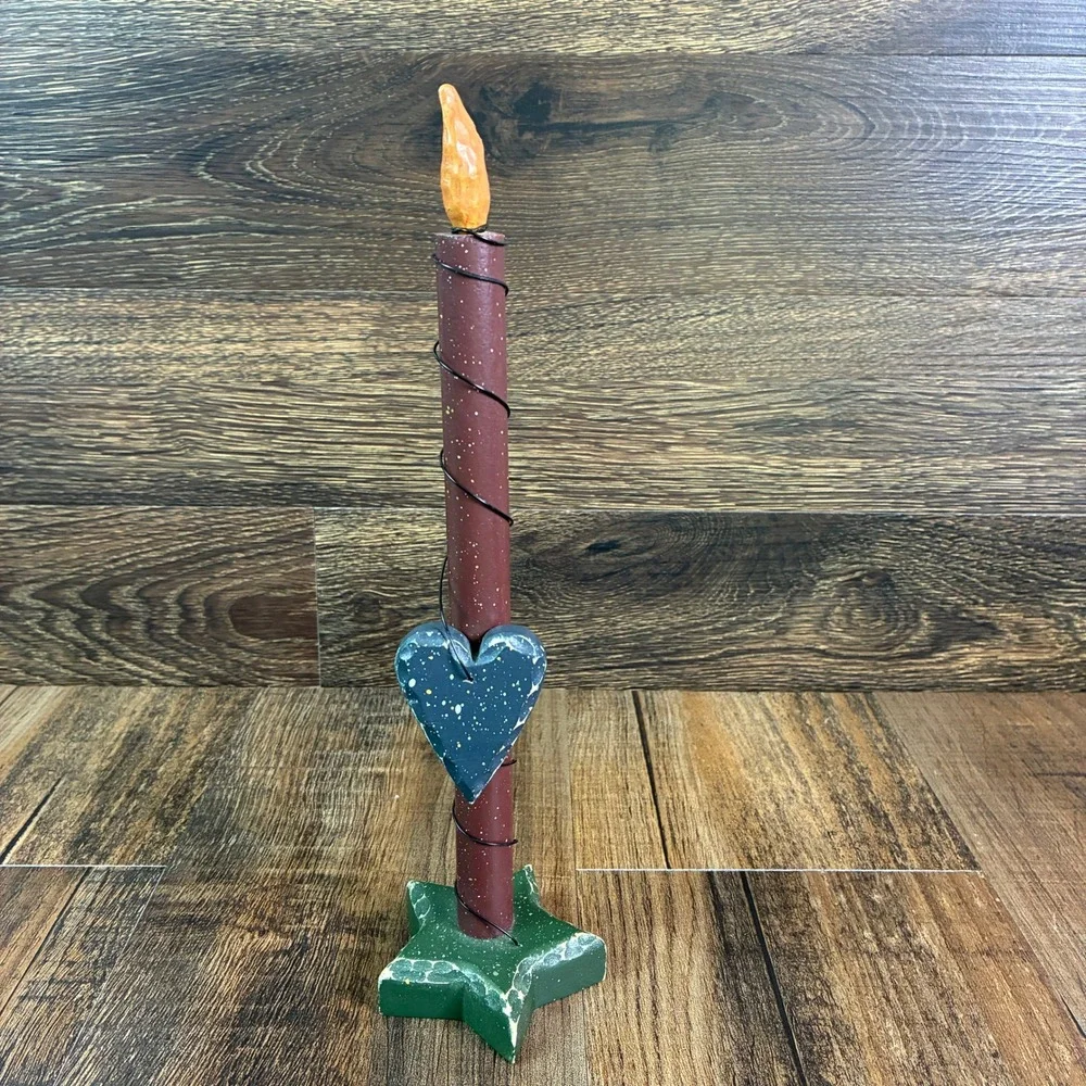 Primitive Wooden Candle Set 3 Rustic Heart Star Base Distressed Folk Art Decor